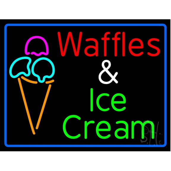 Waffles And Icecream Blue Border LED Neon Sign 15 x 19 - inches, Clear Edge Cut Acrylic Backing, with Dimmer - Bright and Premium built indoor LED Neon Sign for restaurant window and interior decor.