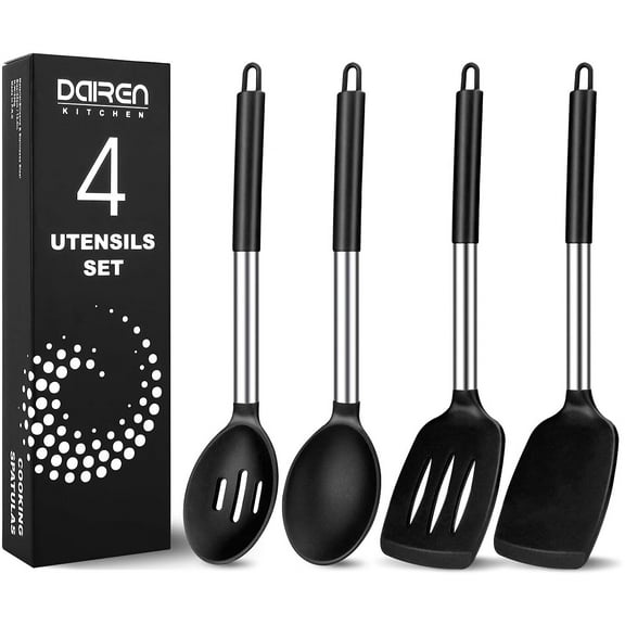 Pack of 4 Large Silicone Cooking Spatulas and Spoons,Slotted and Solid Stainless Steel Cooking Utensils Set,Non-stick Heat Resistant Kitchen for Baking,Fried,Stir-Fry,Mixing,Serving (Black)