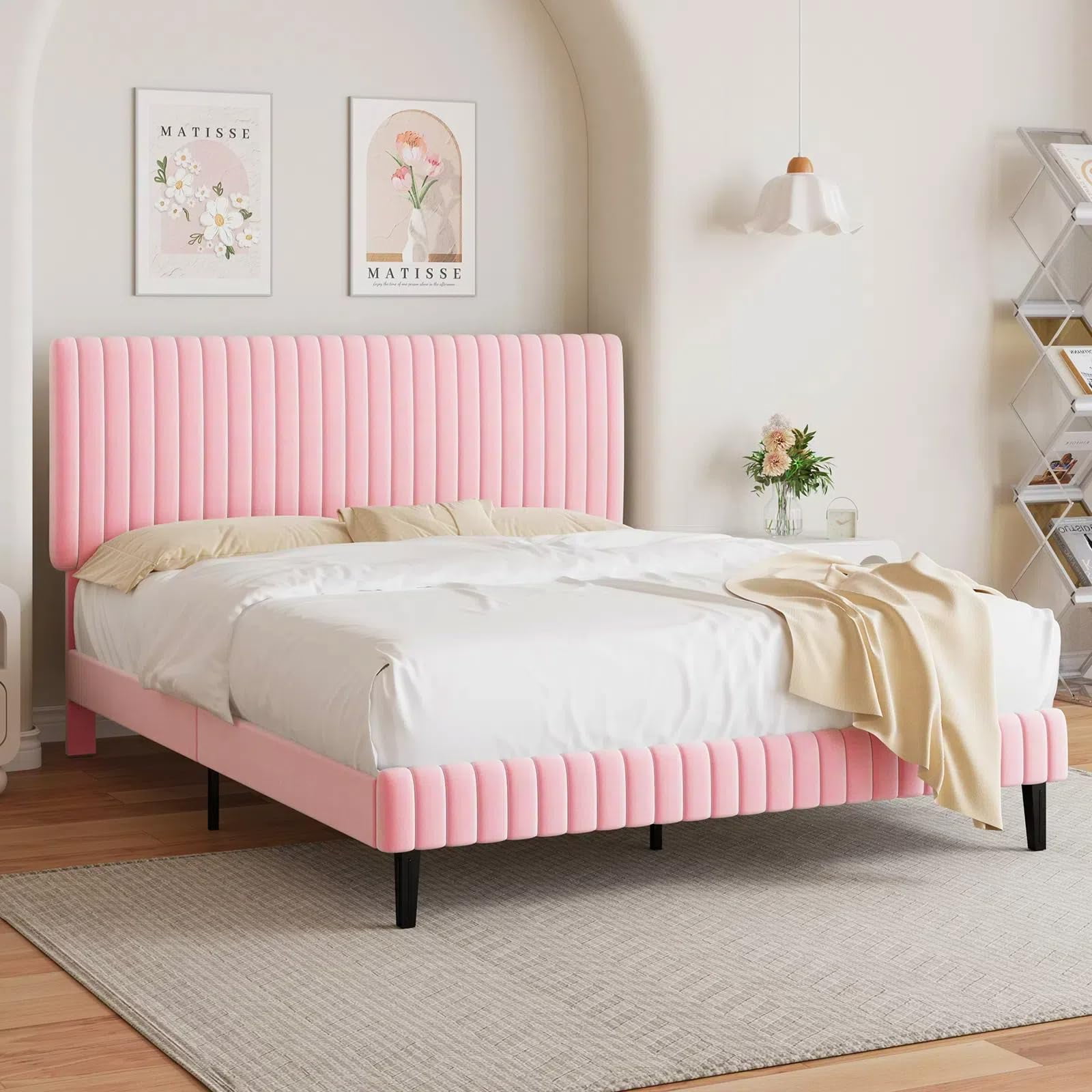 4 EVER WINNER Queen Size Bed Frame, Queen Size Upholstered Platform Bed Frame with Vertical Channel Tufted Headboard, Pink Queen Bed Frame, Pink
