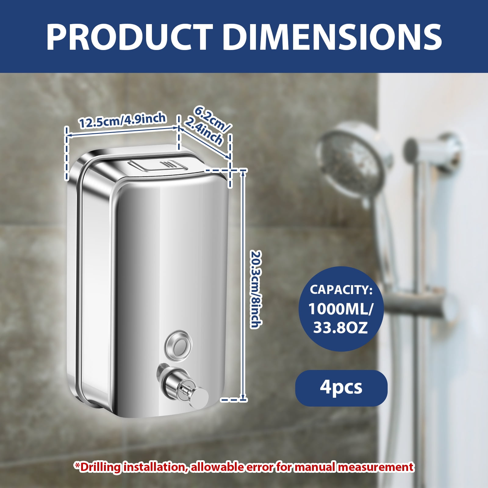 Threns 4Pcs Commercial Soap Dispenser Wall Mount Stainless Steel Manual Liquid Pump Rust-Proof Leak Free for Bathroom,33.8 oz