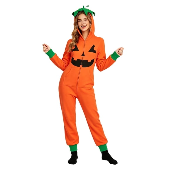 MEZZALL Women Adult Orange Pumpkin Hooded Onesie for Women, Soft Long Sleeve Full Zip Sleepsuit, Cute Halloween Home Nightwear Loungewear Pajamas One-Pieces