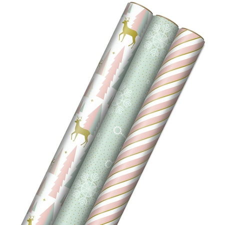 Hallmark Pink, Mint, Gold Reindeer, Christmas Trees, Snowflakes Christmas Wrapping Paper, 3 Rolls, 120 Sq. Ft Total