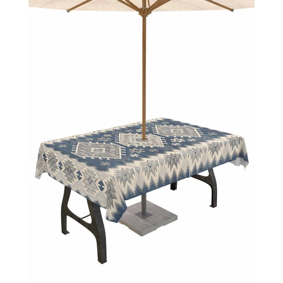 Hokiten Outdoor Tablecloths with Umbrella Hole & Zipper, Blue Gray Southwest Rectangle Tablecloth 52x70 Inch, Modern Geometric Ethnic Waterproof Table Cloth, Patio/Pool/Picnic Table Covers