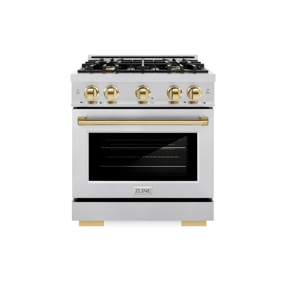 ZLINE Autograph Edition 30 in. 4.2 cu. ft. Dual Fuel Range with 4 Burner Gas Cooktop and Electric Convection Oven in Stainless Steel with Polished Gold Accents (HDRZ-30-G)