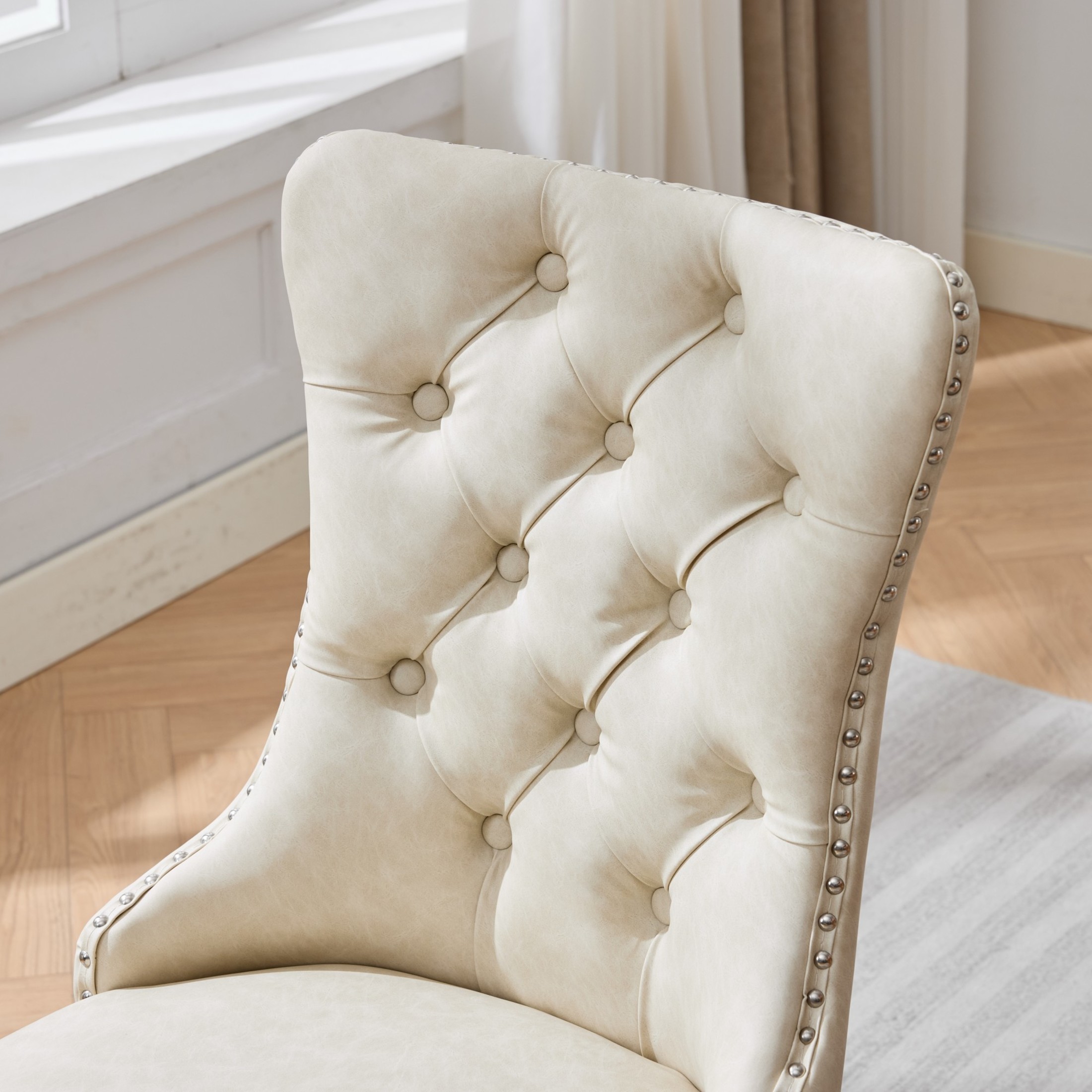 GDF Studio 24.4" Vintage Dining Chairs Set of 2 with PU Upholstery, Button-Tufted High Back, Beige