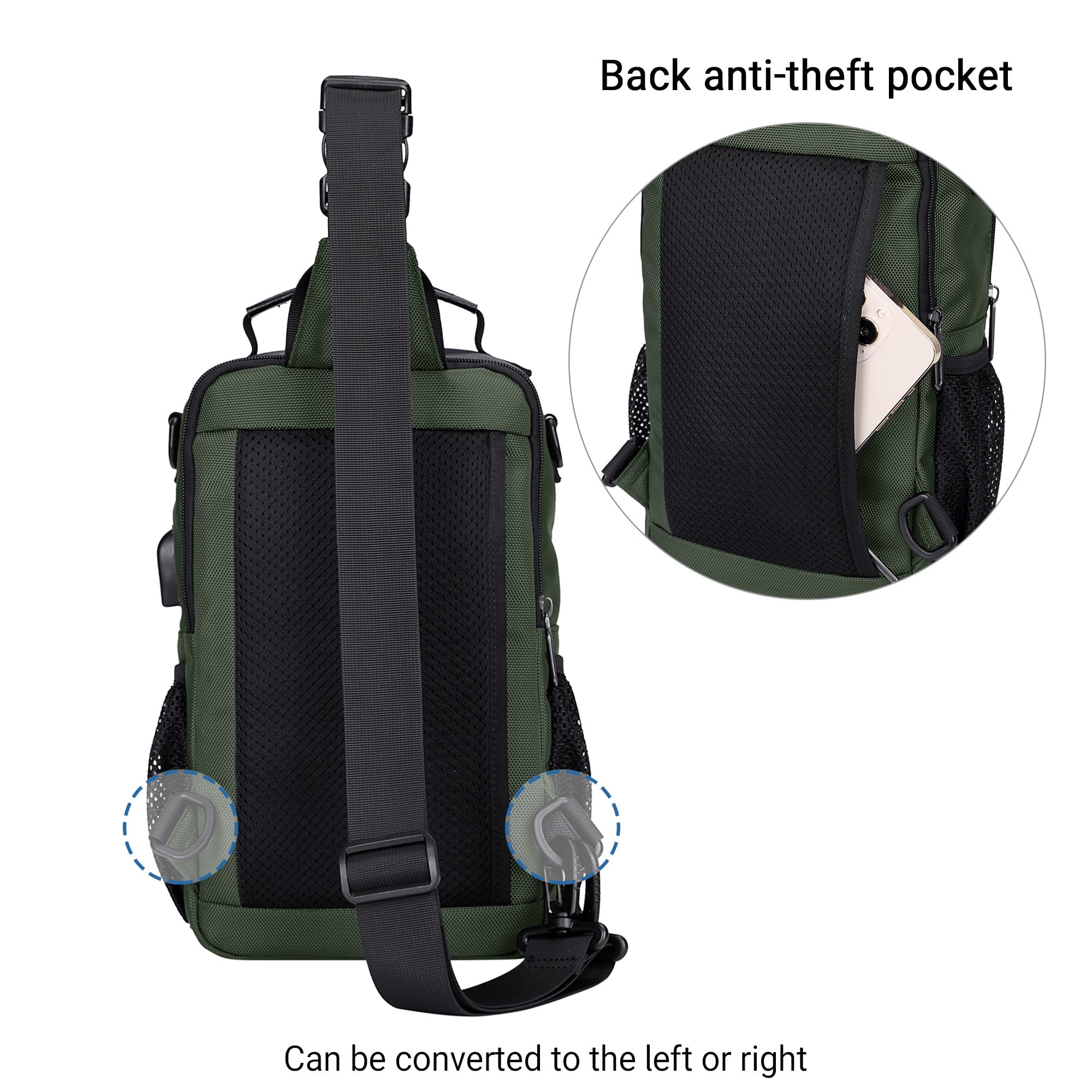 WITZMAN Sling Bag for Men Convertible Travel Sling Backpack USB Charging Port Lightweight Crossbody Bags Casual Daypack（B698 Army Green）