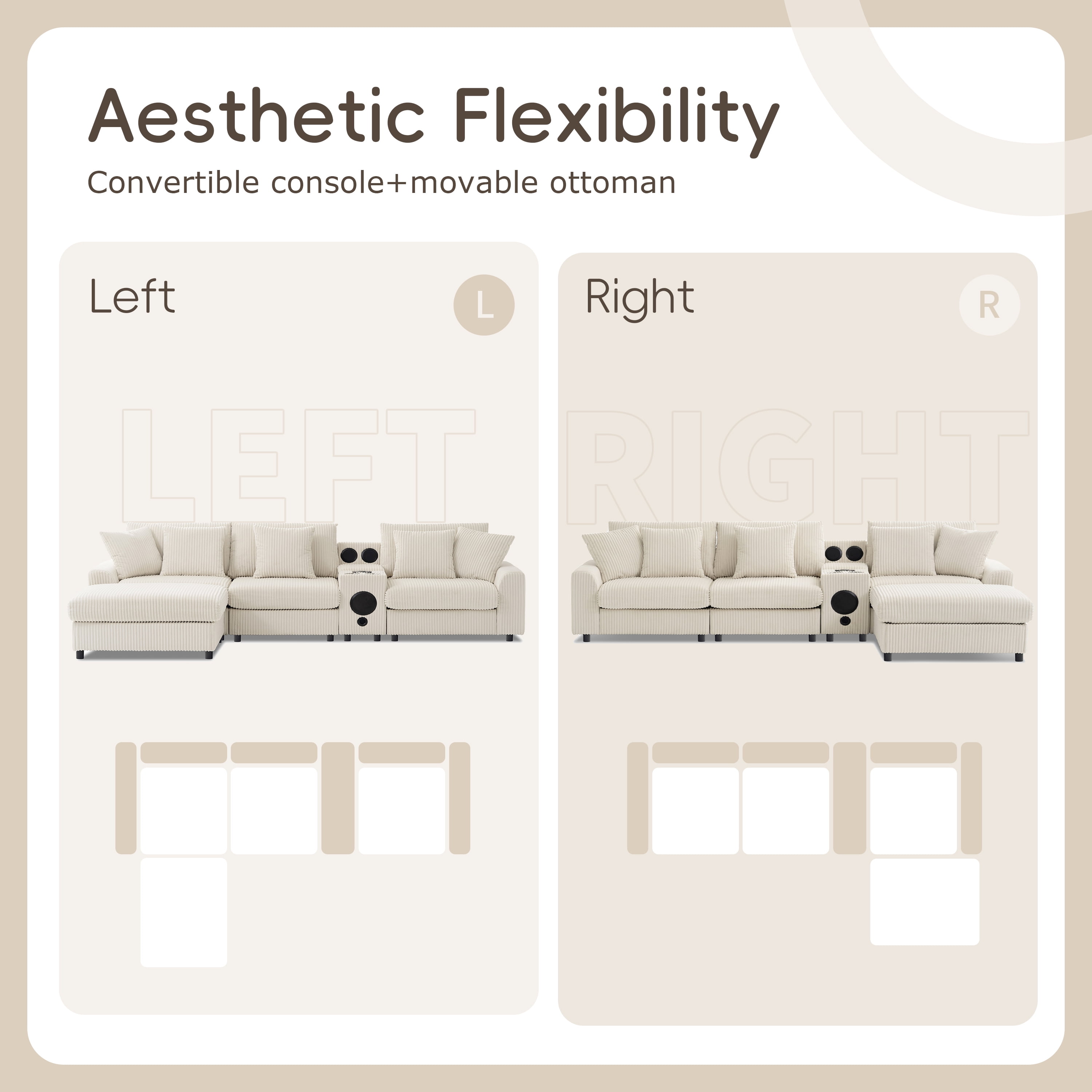 MAYEERTY 114x64" Corduroy Sectional Sofa - Bluetooth Speakers, L-Shaped Couch with Console/USB/Cup Holders/Storage/Ottoman, 2 Colors