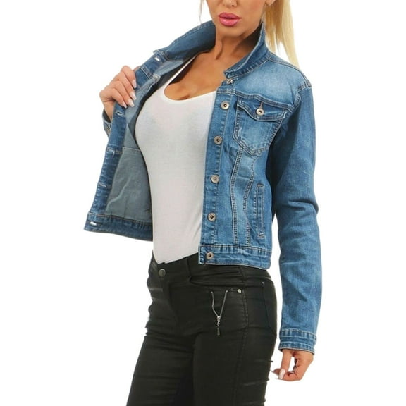 Hrsba Denim Jacket for Women, Women'S Jacket Slim Denim Long Sleeve Trendy Collarless Jacket Outerwear