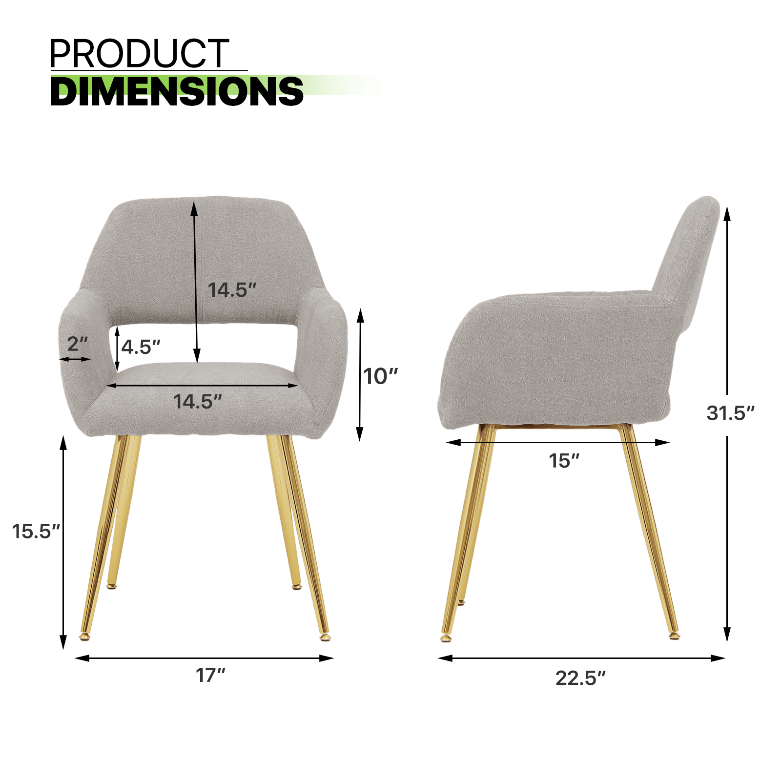 Magshion Upholstered Kitchen Dining Chairs Set of 2, Modern Fabric Small Accent Arm Chairs with Metal Legs, for Living Dining Room, Beige