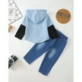 thumbnail image 3 of KIMI BEAT Infant Baby Boys Outfits 18-24 Months Kid Clothing Winter Long Sleeves Patchwork Color Block Hooded Shirt Top Ripped Jeans Denim Pants Sets 2pcs Outwear Blue, 3 of 8