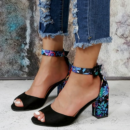 

YTJX Women Casual Flowers Print Buckle Strap Round Toe Square Heels Peep Toe Sandals Single Shoes