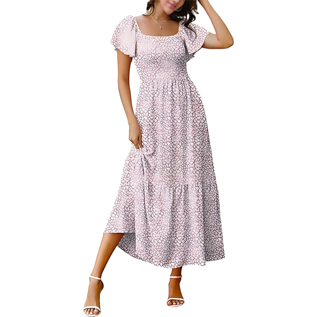 Vestido Veraniego Midi de Corte A, Holgado, con Escote Cuadrado y Mangas Abullonadas, Estilo Bohemio, con Bolsillos, Estilo