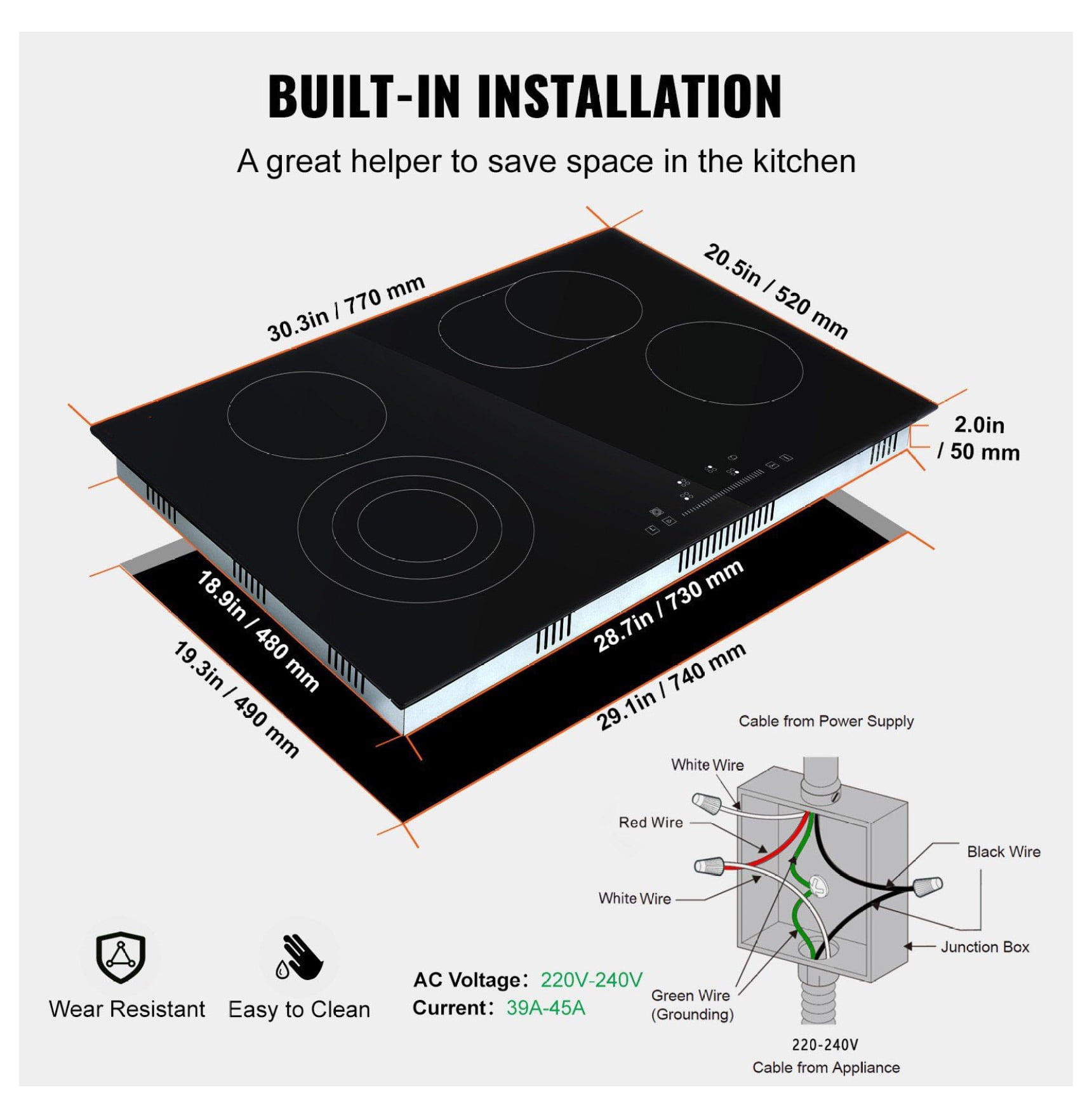 Electric Stove Top 30.3 x 20.5 inch, 4 Burner Glass Cooktop, 240V Radiant Cooktop with Touch Control, Timer & Child Lock, 9 Power Levels for Cooking