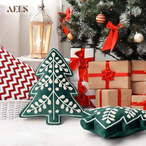 AELS 18.5" Embroidered Christmas Tree Throw Pillow, Plush Tree Shaped Cushion, Merry Christmas Holiday Decor for Sofa Living Room Bedroom, Green