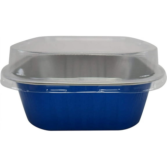 KitchenDance Disposable Foil Cake and Dessert Cup Set with Lid - 4.5 x 4.5" Square Cake Baking Pan for Hotels, Restaurants - Heavy Duty Aluminum Pan for Baking and Preparing Food, #A-24P (50, Blue)