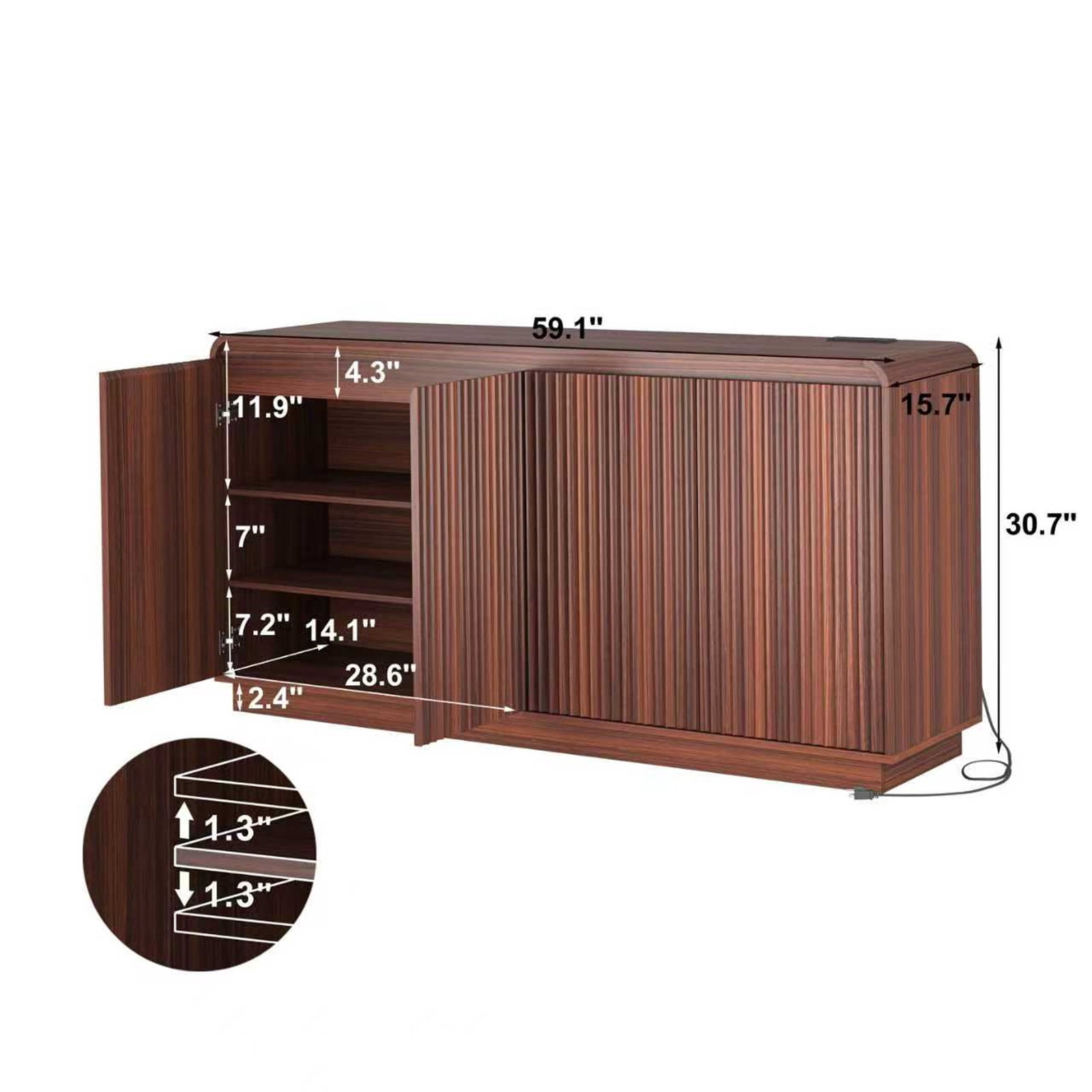 Hommoo Wooden Fluted Sideboard Buffet Cabinet with 4 Doors, Adjustable Shelves & Power Outlet, Multifunctional 3-Tier Storage Cabinet Credenza for Home, Office, Walnut