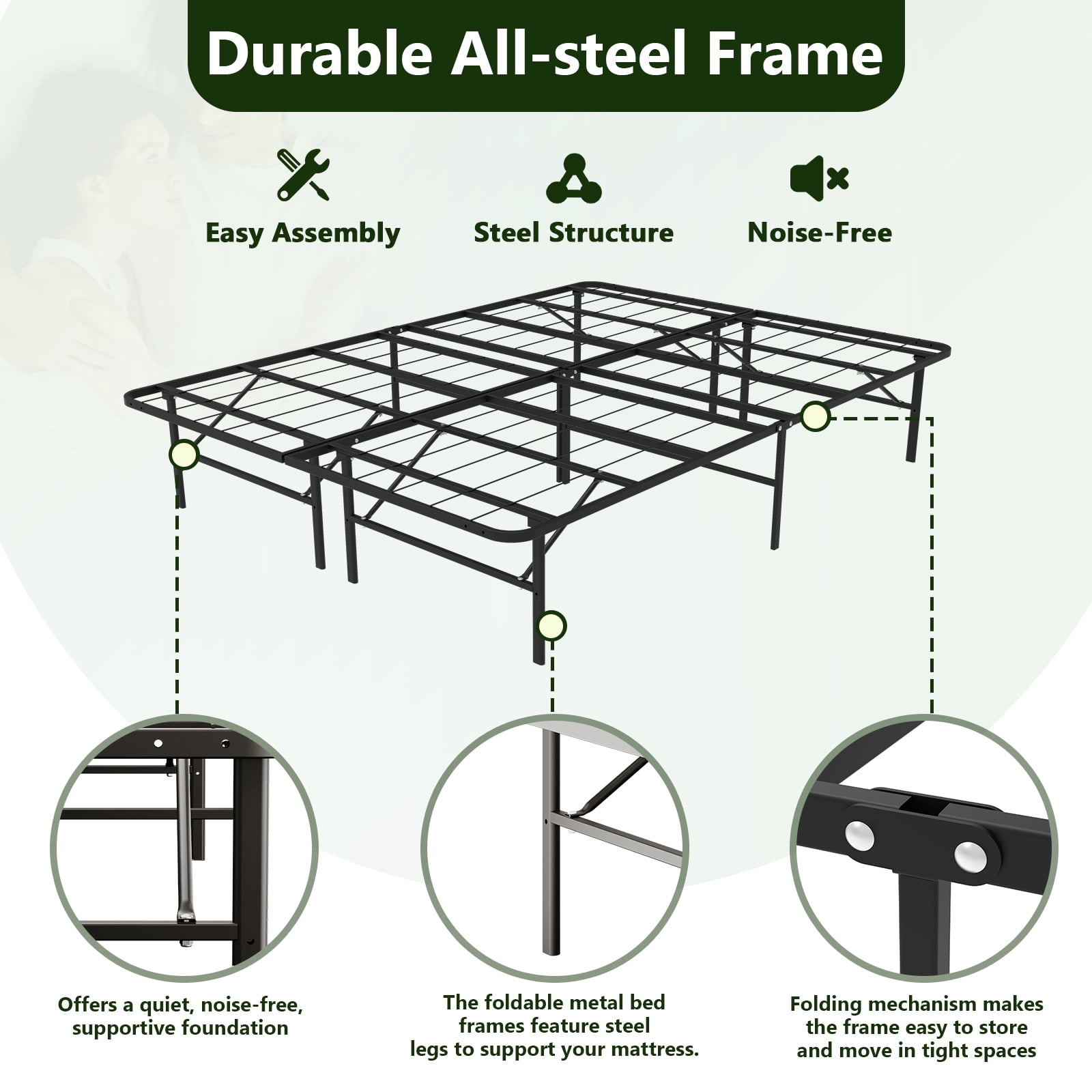 HaiCube Heavy Duty Foldable Metal Queen Size Bed Frame, No Assembly Steel Platform with Rounded Corners, 14 Inch High, Easy Storage, Black