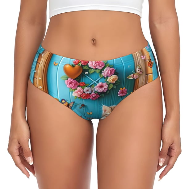 Fotbe Whimsical Cats and Flowers Scene Calzones Estampados para Mujer – Ropa Interior de Algodón, Cómoda, Suave y Elástica-Small