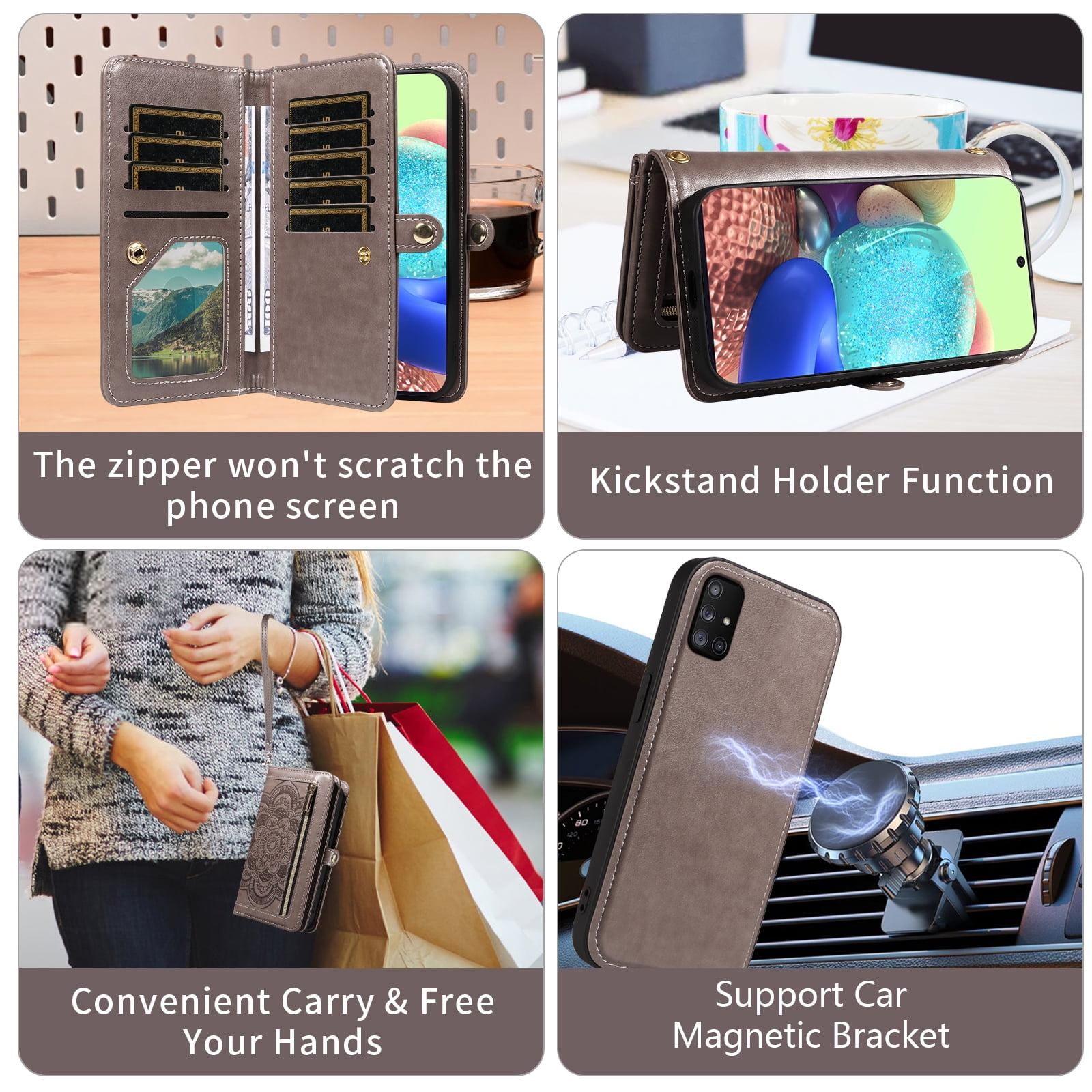 Asuwish Phone Case for Samsung Galaxy A71 5G Zipper Wallet Detachable Cell Cover with Tempered Glass Screen Protector Crossbody Lanyard Strap Flower Flip Card Holder A 71 G5 71A S71 Women Girls Gray