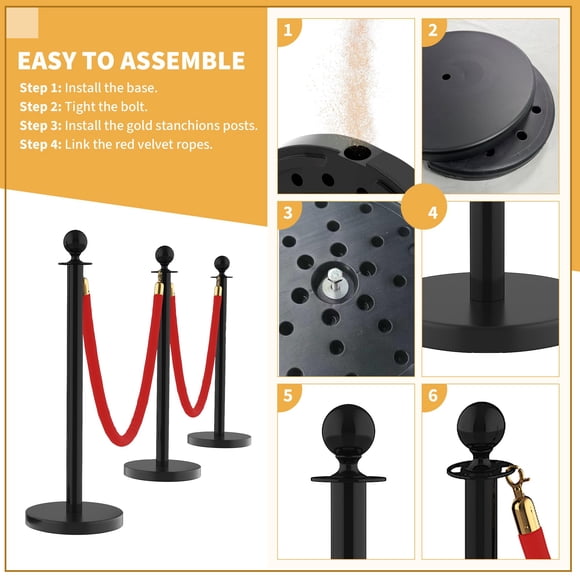 Set de 4 postes de acero inoxidable con cuerdas de terciopelo rojo y alfombra de 8 m - Barrera decorativa para entradas y jardines - Base hueca ideal para exteriores - Paquete de 4 unidades
