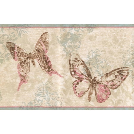 Film Roll Border - Abstract Rose Pink Brown Butterflies Beige Wallpaper Border Retro Design, Roll 15' x 7