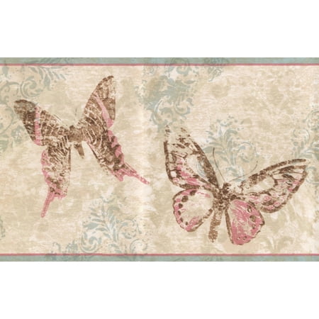 Abstract Rose Pink Brown Butterflies Beige Wallpaper Border Retro Design, Roll 15' x