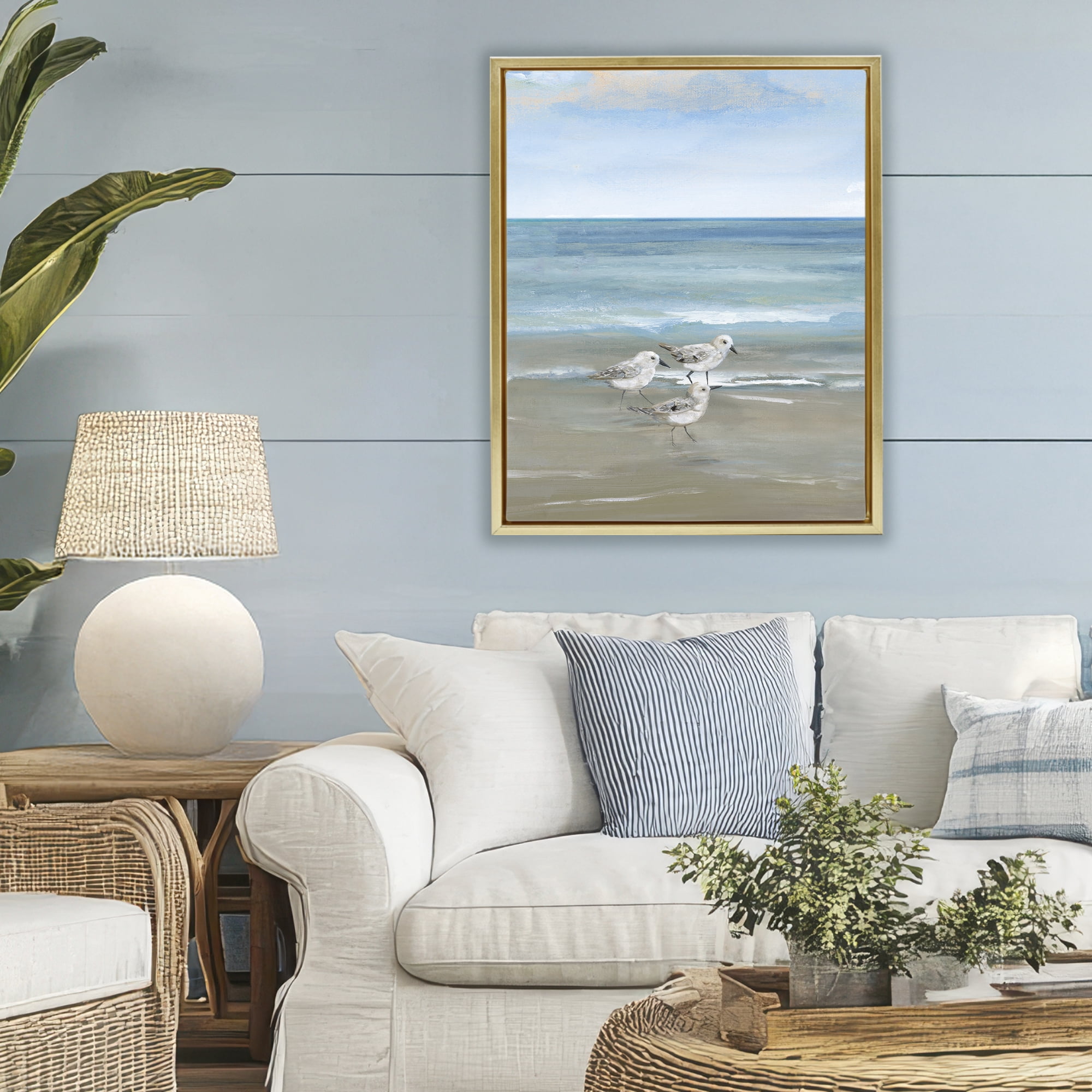 Stupell Industries Three Shorebirds & Gentle Waves Gold Framed Floater Canvas Wall Art, design by Nan