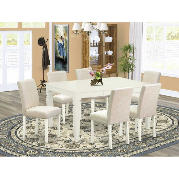 WEAB7-LWH-02 7Pc Rectangular 42/60" Dinette Table With 18 In Leaf And 6 Parson Chair With Linen White Leg And Linen Fabric Light Beige