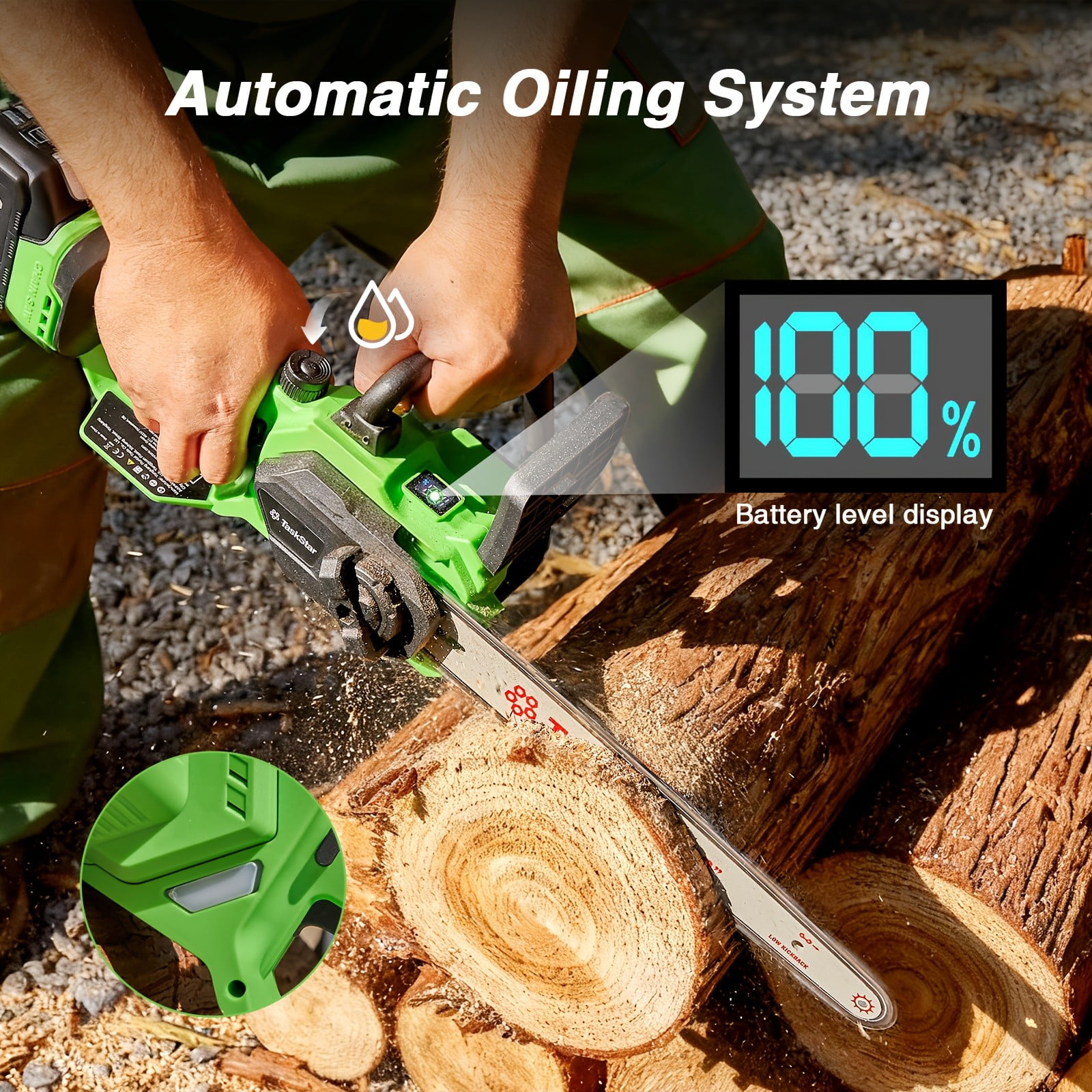 Taskstar 12" Cordless Electric Chainsaw 2*4000mAh Battery & Charger, Handheld  Branch Tree Trimming Pruning Saw