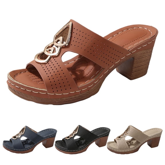 Modisza Women's Heeled Wedge Sandals with Arch Support Low Block Heels Slip on Slides Ladies Open Toe Wide Width Beach Shoes Beige 6.5