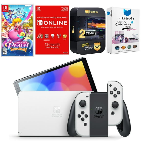 Nintendo Switch White OLED Console with Princess Peach: Showtime!, NSO 12 Month Family Membership, MightySkins Console and Controller Skin Voucher, and 2 Year CPS Extended Warranty
