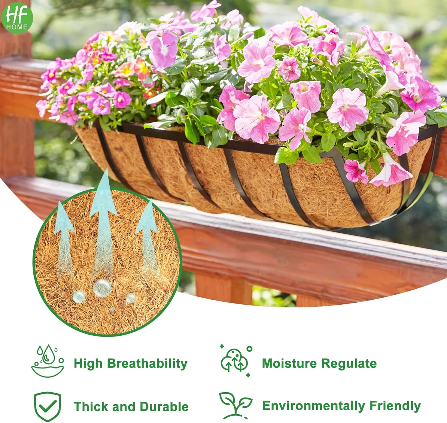 Y&M 2pcs 24 Inch Window Deck with Coco Liner, 24" Window Boxes Horse Trough with Coconut Coir Liner, Black Metal Hanging Flower Planter Window Basket Deck Railing Planter Boxes for Outdoor Indoor