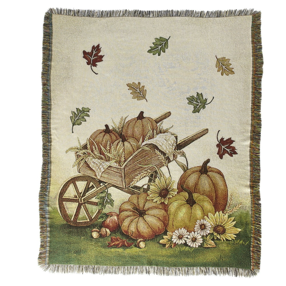 Autumn Throw Blanket with Pumpkin, Wheelbarrow, Fall Leaves Rustic