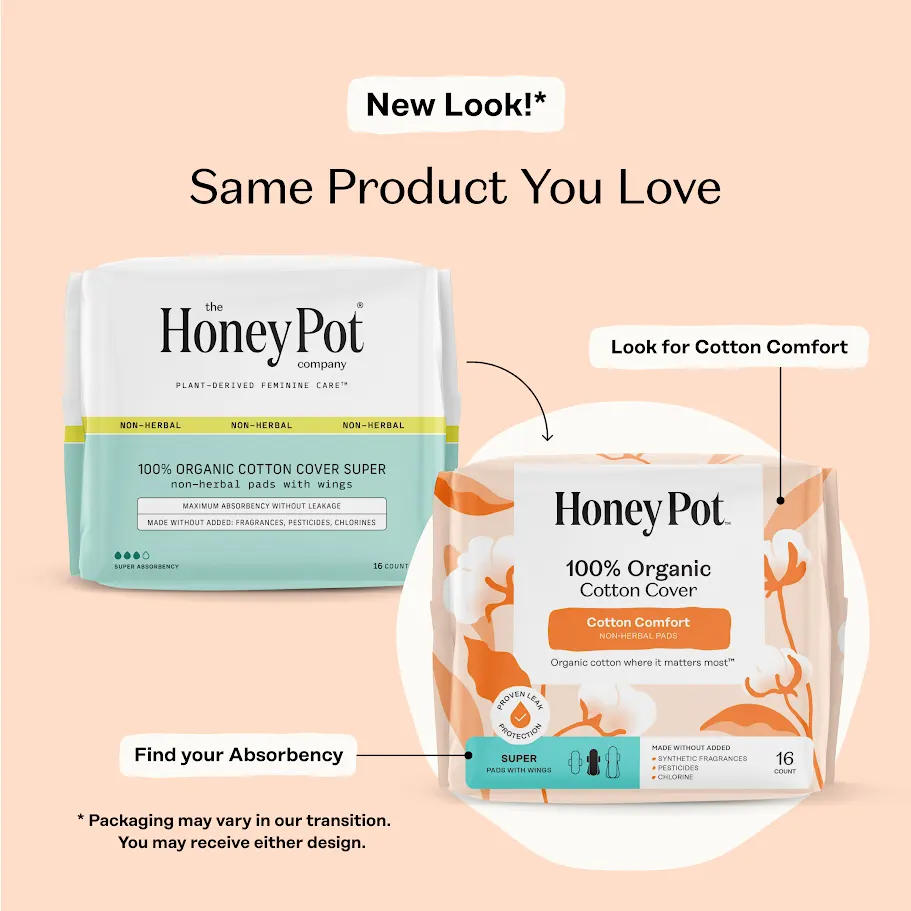 Honey Pot 100% Organic Cotton Cover Cotton Comfort Super Pads, 16ct