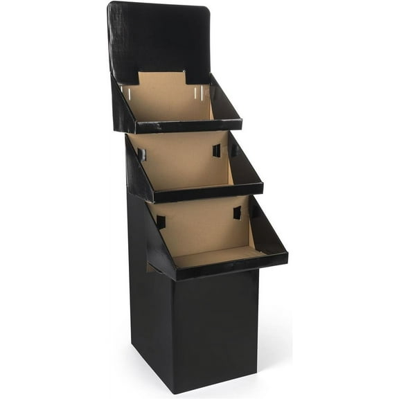 3-Tier Point-of-Purchase Display Bin for Floor, Free-Standing, Black Corrugated Cardboard, Easy Setup - Sold in Sets of 3