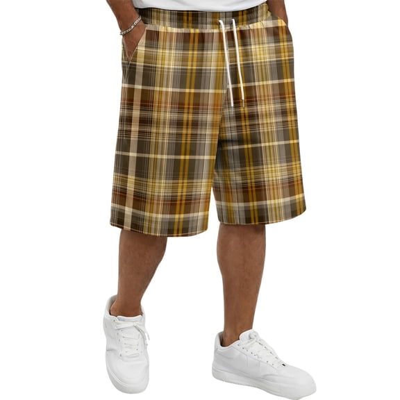 Resicozy Plaid Shorts Men Casual Classic Fit Elastic Waist Bermuda Short Wide Leg Loose Y2k Lounge Shorts with Pocket Yellow M