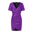 thumbnail image 5 of FAVIPT Womens Elegant Glitter Party Dresses V Neck Short Sleeve Trendy Dressy Wrap Ruched Bodycon Sparkly Night Club Dress 2025 Purple,S, 5 of 8