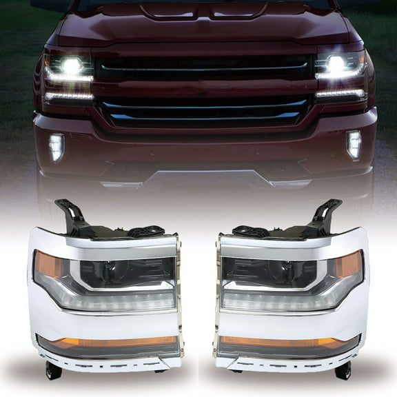 SEBLAFF For 2016-18 Chevy Silverado 1500 Headlight HID/Xenon w/ LED Chrome RH LH