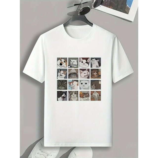 Camiseta de manga corta con cuello redondo y estampado de gatos para hombre, informal, cómoda y ligera, ideal para verano, estilo deportivo informal.