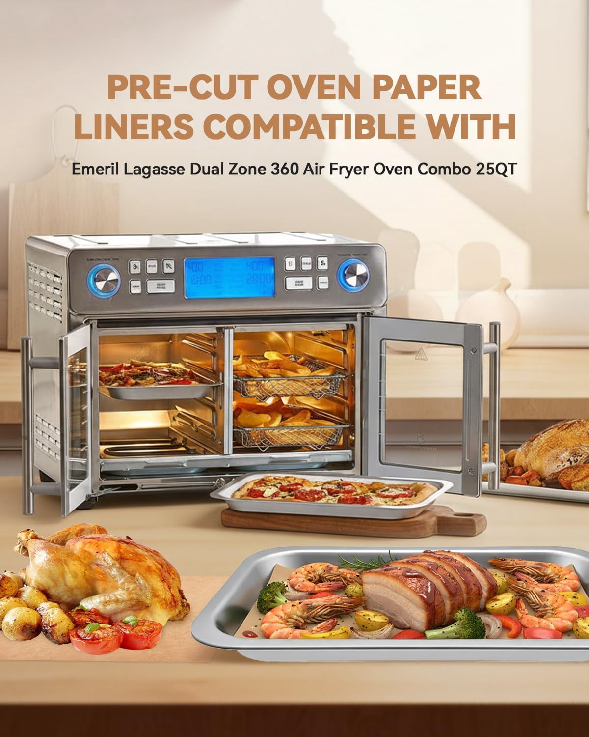 180PCS Air Fryer Parchment Paper Liners Compatible with Emeril Lagasse Dual Zone 360 Air Fryer Oven Combo French Door 25QT, Nonstick Disposable Sheets Accessories, 60 Large+120 Small for Bake Pans