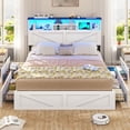 thumbnail image 3 of Farmhouse Bed Frame Full Size with Bookcase Headboard & Storage Drawers LED Wooden Platform Bed, White, 3 of 11