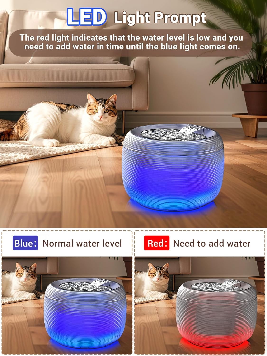 Quiet Cat Water Fountain, 3.5L/118oz Large Capacity Pet Water Fountain for Cats Indoor with Water Level LED Light, Easy Cleaning Cat Fountains for Drinking Automatic Dog Water Fountain