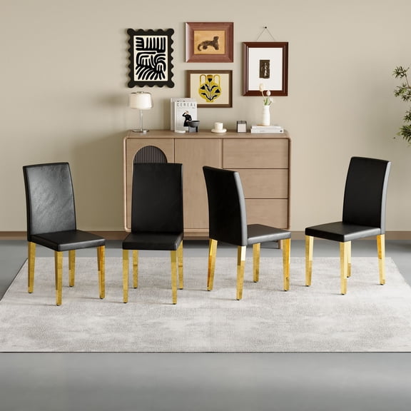 Set of 4 Modern Black PU Leather Dining Chairs with Gold Metal Legs - 16.2" x 18.5" x 34.6" - Ideal for Living Room, Kitchen & Office Spaces