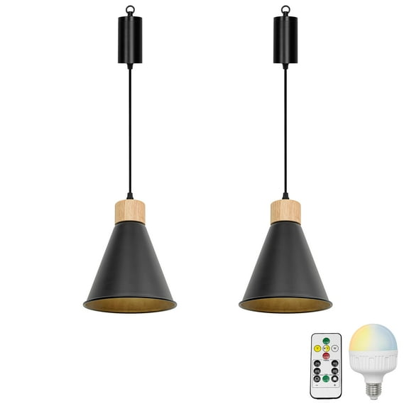 KAYYELAMP 2-Pack Brightness Adjusted Rechargeable Battery Remote LED Pendant Light Wood Base Black Metal Shade Retro Design Adjustable Height Hanging Light for Kitchen Farmhouse