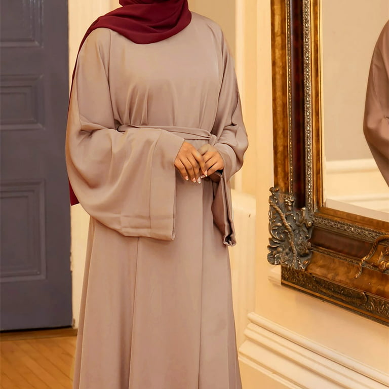 VPPDXHL Women's Long Sleeve Maxi Dress Muslim Abaya Robe Plain Simple Modern  Islamic Arabic Style Casual Dress 