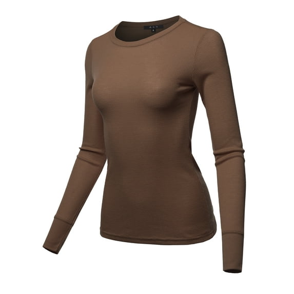 A2Y Women's Basic Solid Long Sleeve Crew Neck Fitted Thermal Top Shirt Light Brown S