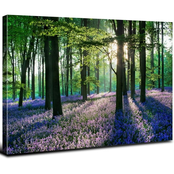 Green Trees Sunshine in Forests Canvas Wall Art Purple Lavender Flower Landscape Painting Print Long Modern Artwork Contemporary Nature Picture for Living Room Bedroom Office Home Decorations 12x16"