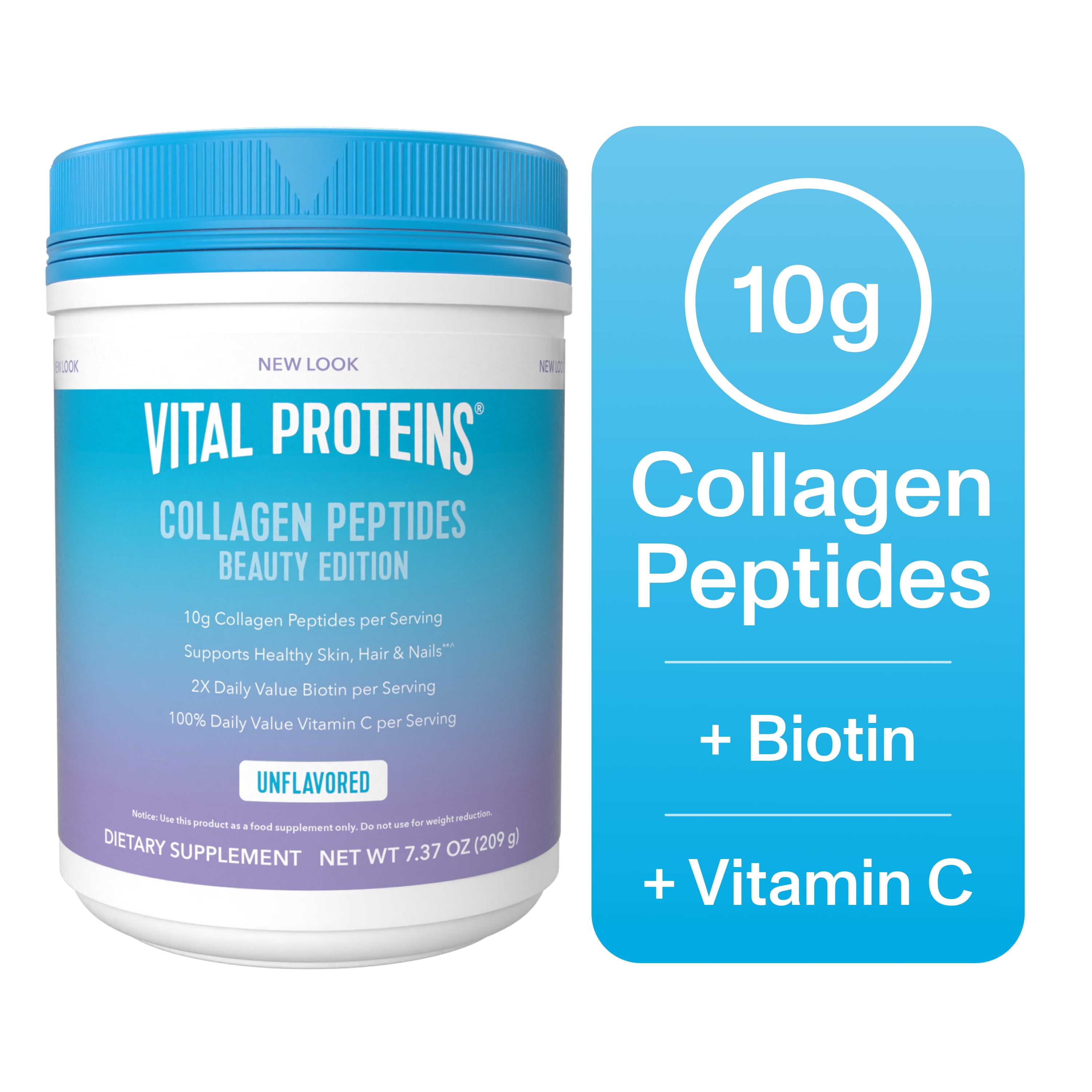 Vital Proteins Collagen Peptides + Beauty Supplement Powder with Vitamin C and Biotin, for Hair, Skin, and Nails, Unflavored, 7.37 oz