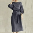 thumbnail image 2 of CHOK Robe en Coton et Lin pour Femmes, Col Ras du Cou, Manches Lanterne, Robes d'Été, Couleur Unie, Décontractée, Fluide, Longue, avec Ceinture, 2 of 8