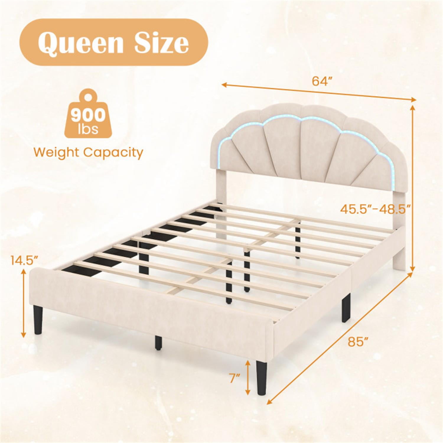 Demi Bonn Queen Size Upholstered LED Bed Frame with Adjustable Flower Headboard and Metal Support Feet, Platform Bed Frame with Wood Slats Support, No Box Spring Needed, Beige